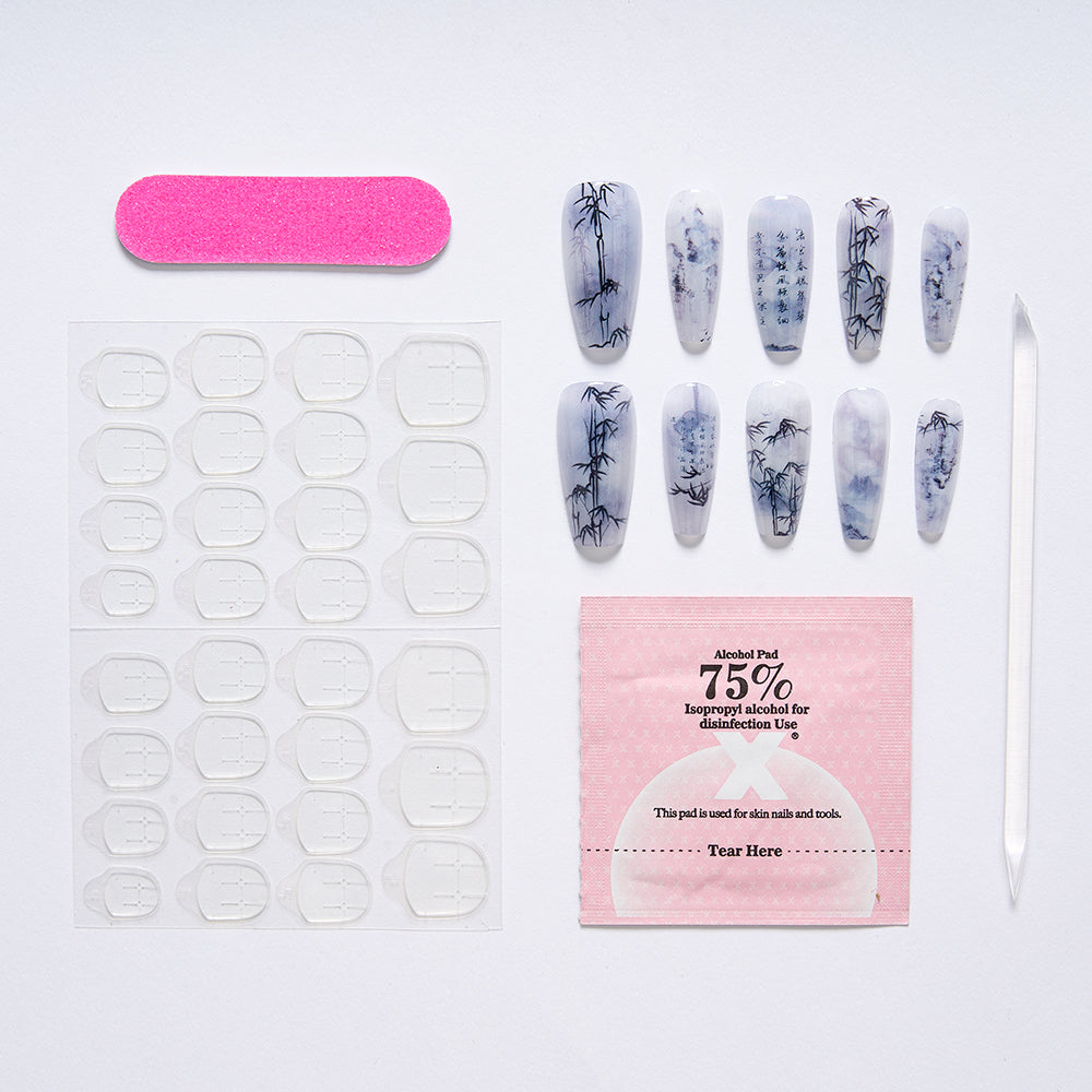 Chinese Poetry Design False Nails - 10Pcs Bamboo Acrylic Set