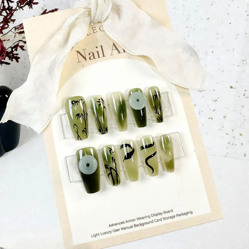 Chinese Poetry Design False Nails - 10Pcs Bamboo Acrylic Set