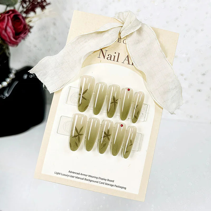 Chinese Poetry Design False Nails - 10Pcs Bamboo Acrylic Set