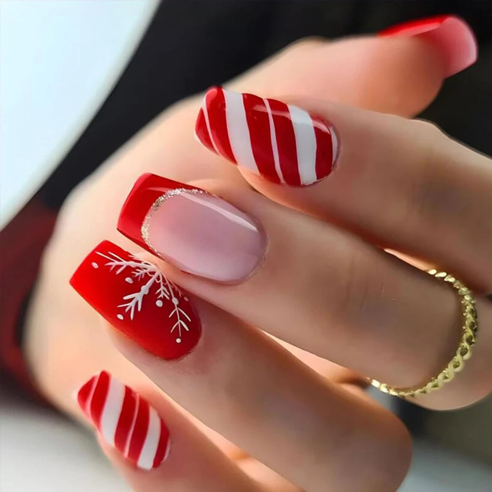 24pcs Red White French Line Christmas Sweet False Nails With Snowflake Rhinestone Starburst Design Pink Almond Press On Nails