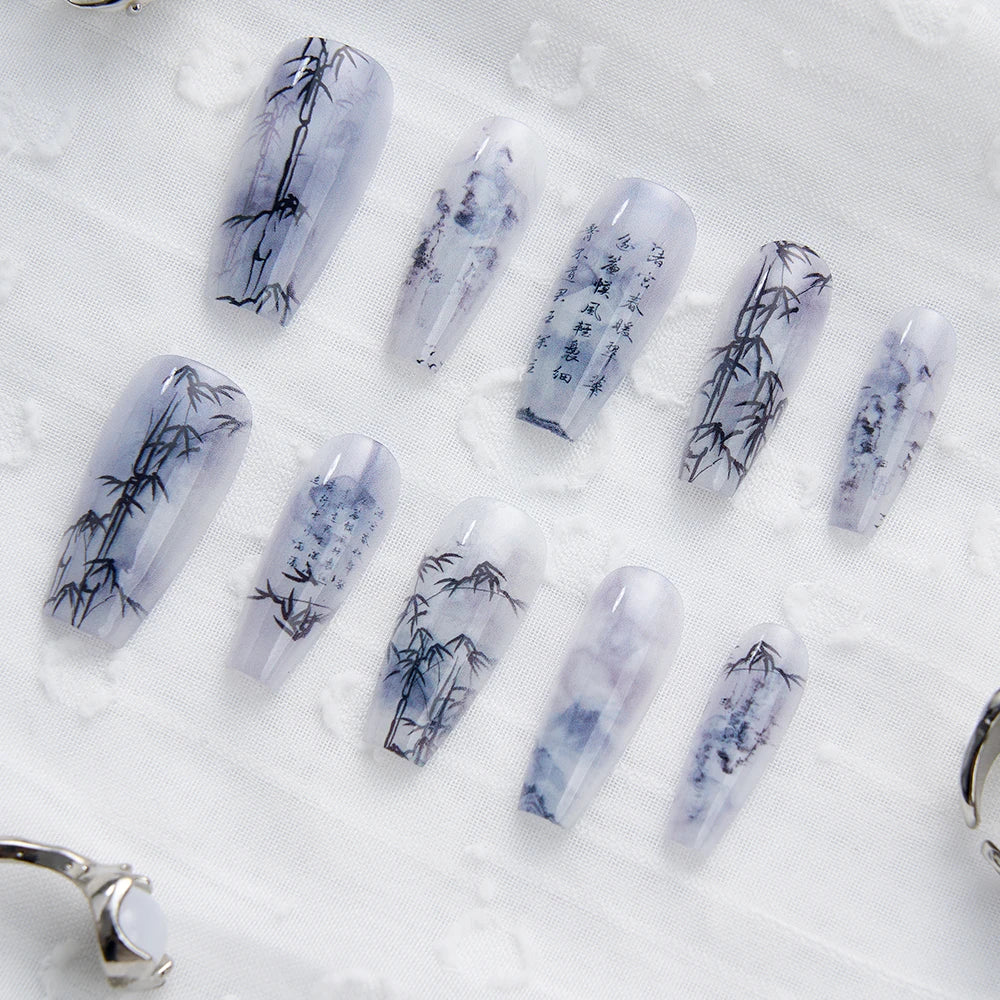 Chinese Poetry Design False Nails - 10Pcs Bamboo Acrylic Set