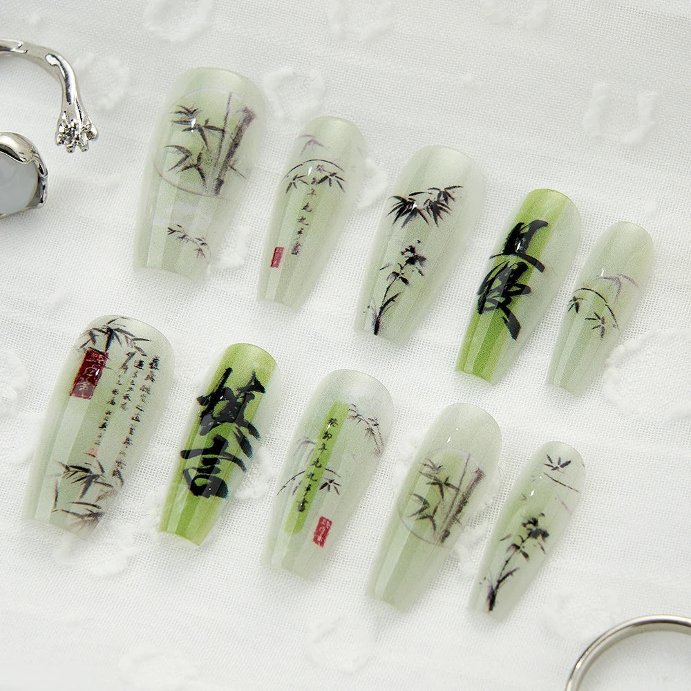 Chinese Poetry Design False Nails - 10Pcs Bamboo Acrylic Set