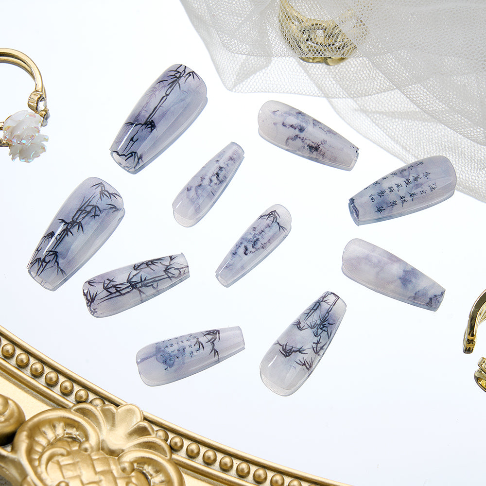Chinese Poetry Design False Nails - 10Pcs Bamboo Acrylic Set
