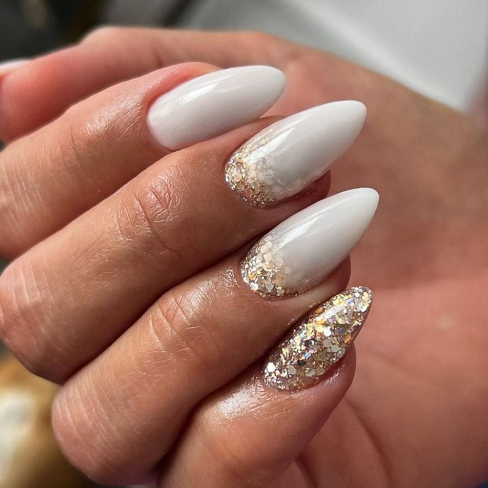 Pressed Nails - Long Almond Gold Glitter French Tips
