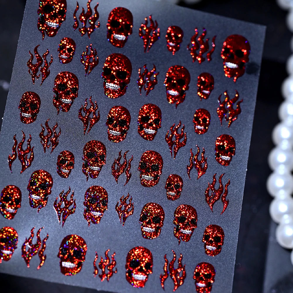 1Pc 5D Laser Skull Nail Stickers for Halloween Nail Gothic Design Flame Self-Adhesive Sliders Manicure Horror Decoration