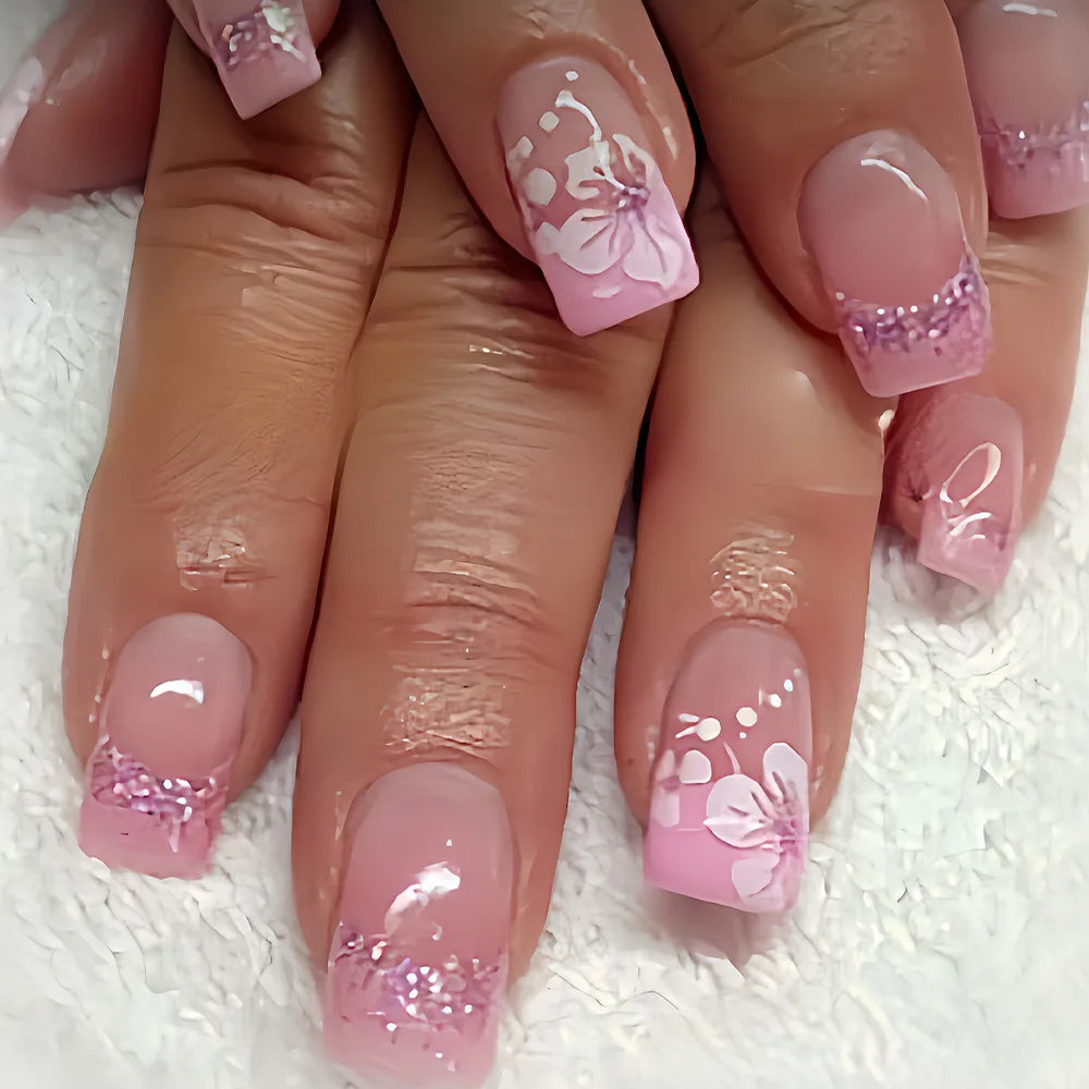 Press-On Nails: French Pink Short Square with Rhinestones