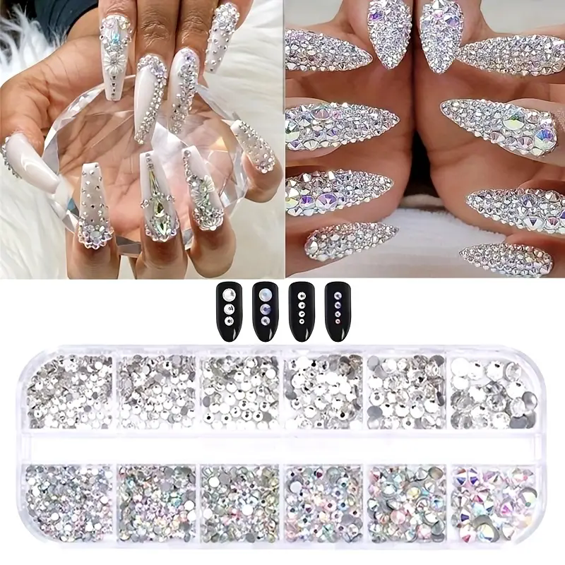 3D Nail Rhinestones Kit: AB & Clear Crystal Gems