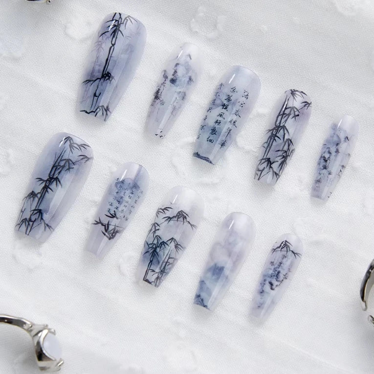 Chinese Poetry Design False Nails - 10Pcs Bamboo Acrylic Set