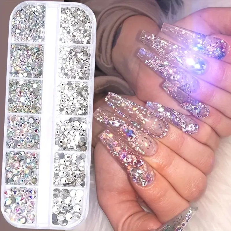 3D Nail Rhinestones Kit: AB & Clear Crystal Gems