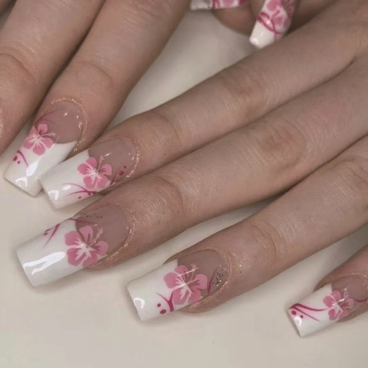 Mid-length Coffin Fake Nails 24Pcs White French Tip Ballerina Press On Nail Pink/White Flower Printed Spring/Summer DIY Manicure