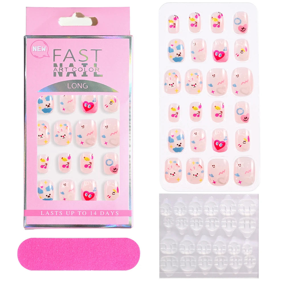 Fake Nails: Cartoon Kids Acrylic Nails - Cute Cat/Pig/Rainbow Set