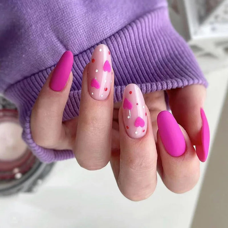 Red Love Heart French Nail Art - Cute Nude Pink Fake Nails