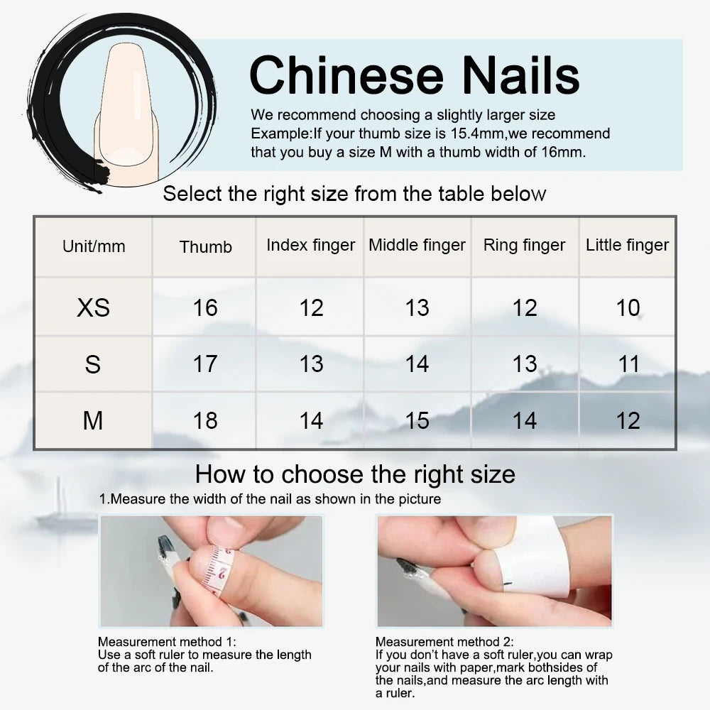 Chinese Poetry Design False Nails - 10Pcs Bamboo Acrylic Set