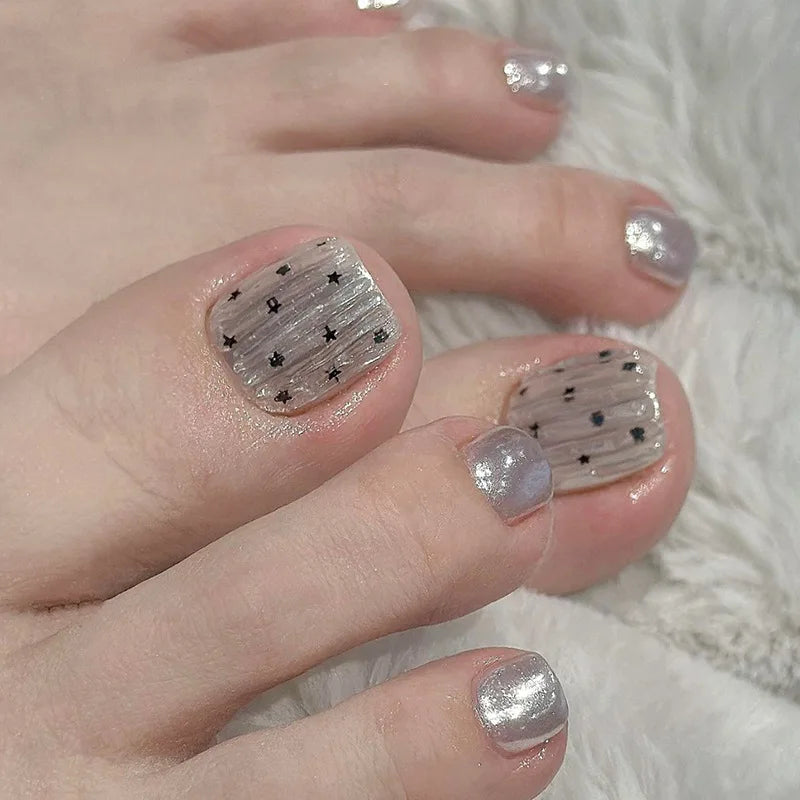Light Pink Cat's Eye Press On Toenails - 24pcs Korean Style