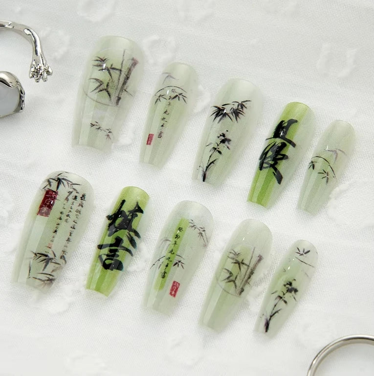 Chinese Poetry Design False Nails - 10Pcs Bamboo Acrylic Set