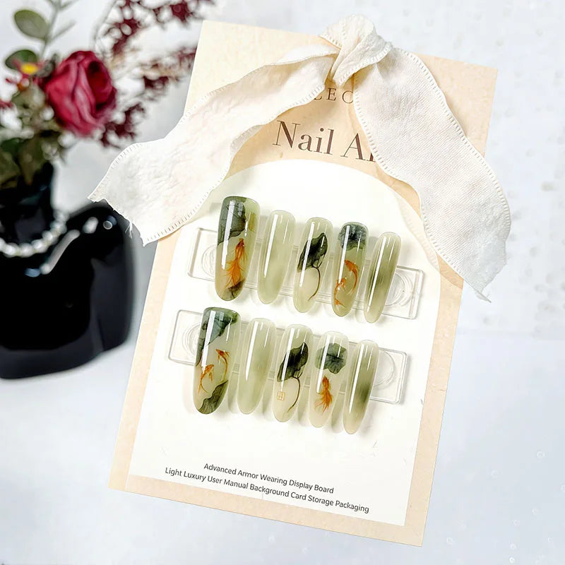 Chinese Poetry Design False Nails - 10Pcs Bamboo Acrylic Set
