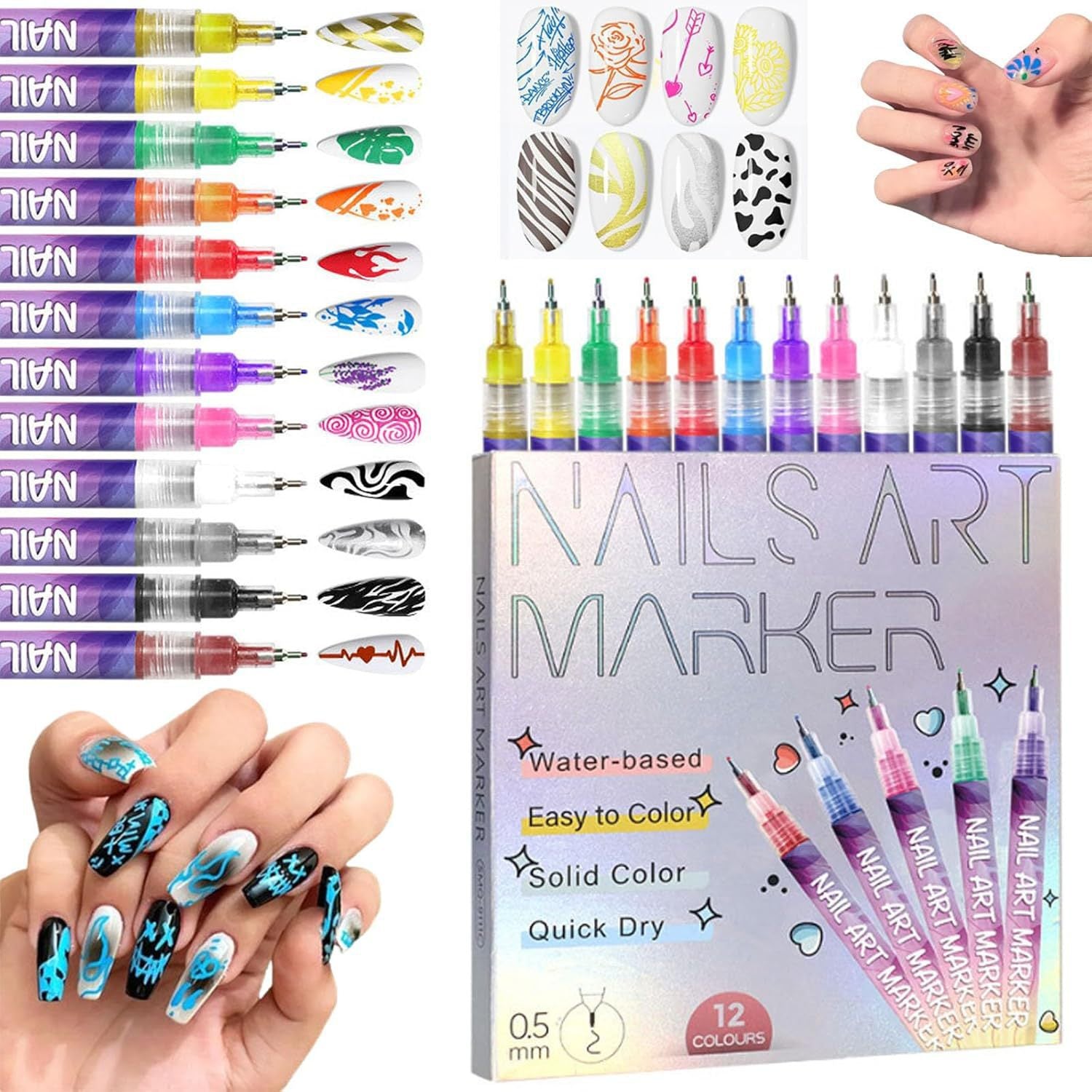 12 Color Nail Art Pens - Quick-Dry, Waterproof, 0.5MM Tips