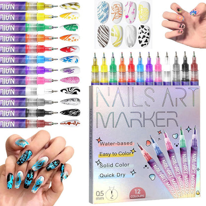 12 Color Nail Art Pens - Quick-Dry, Waterproof, 0.5MM Tips