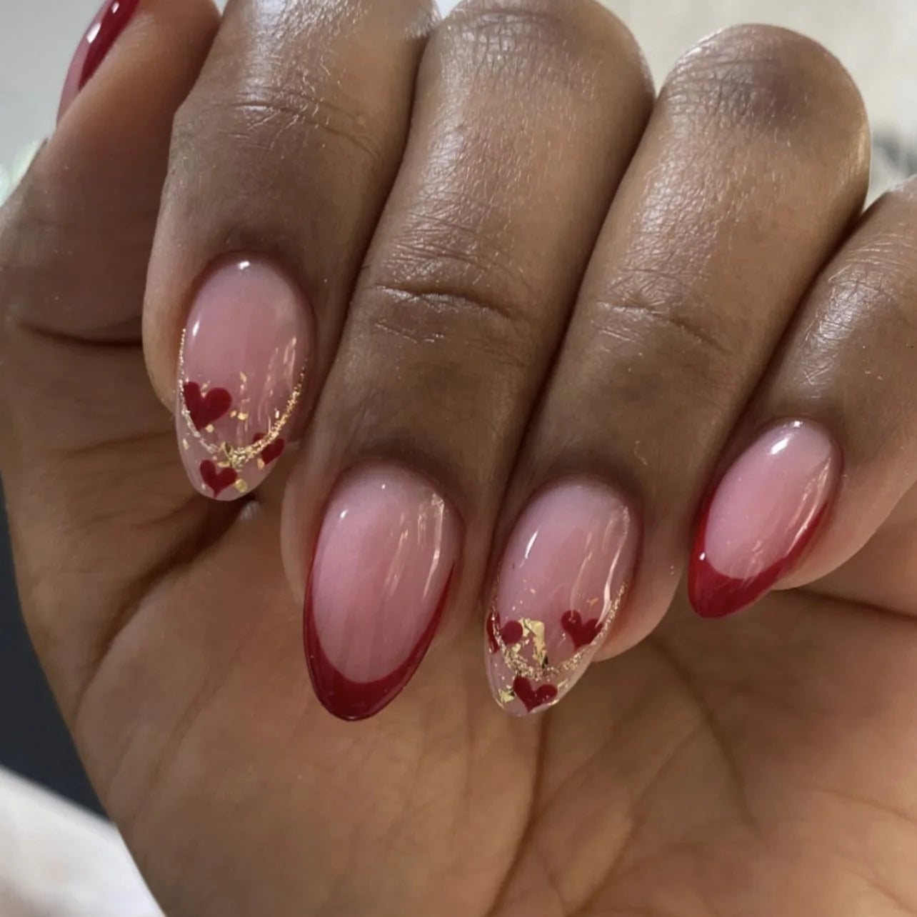 Red Love Heart French Nail Art - Cute Nude Pink Fake Nails