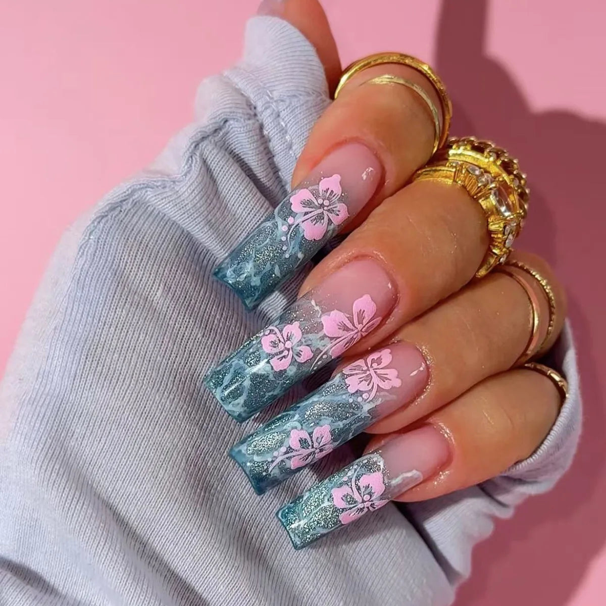 Mid-length Coffin Fake Nails 24Pcs White French Tip Ballerina Press On Nail Pink/White Flower Printed Spring/Summer DIY Manicure