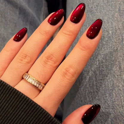 Press On Nails: Glossy Red Cat's Eye Press On Nails - 24pcs Almond Shape