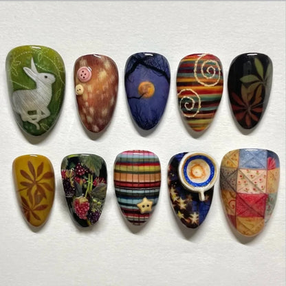 24pcs Flower Print Press on Nails Wine Red Blush Almond False Nail Tips Wearable Reusable Summer Spicy Girl Fake Nails