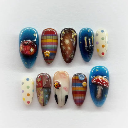 24pcs Flower Print Press on Nails Wine Red Blush Almond False Nail Tips Wearable Reusable Summer Spicy Girl Fake Nails