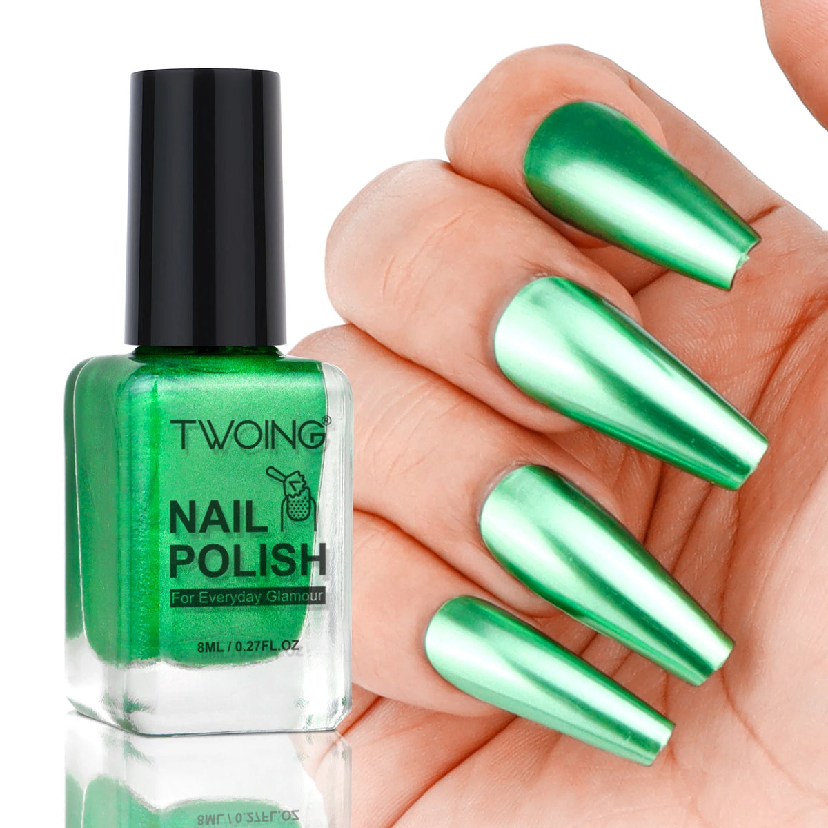 TWOING 8ml 9 Colors Metallic Mirror Nail Polish Set, Quick-Dry Chrome Nail Polish, Long-Lasting High Shine for DIY Manicure