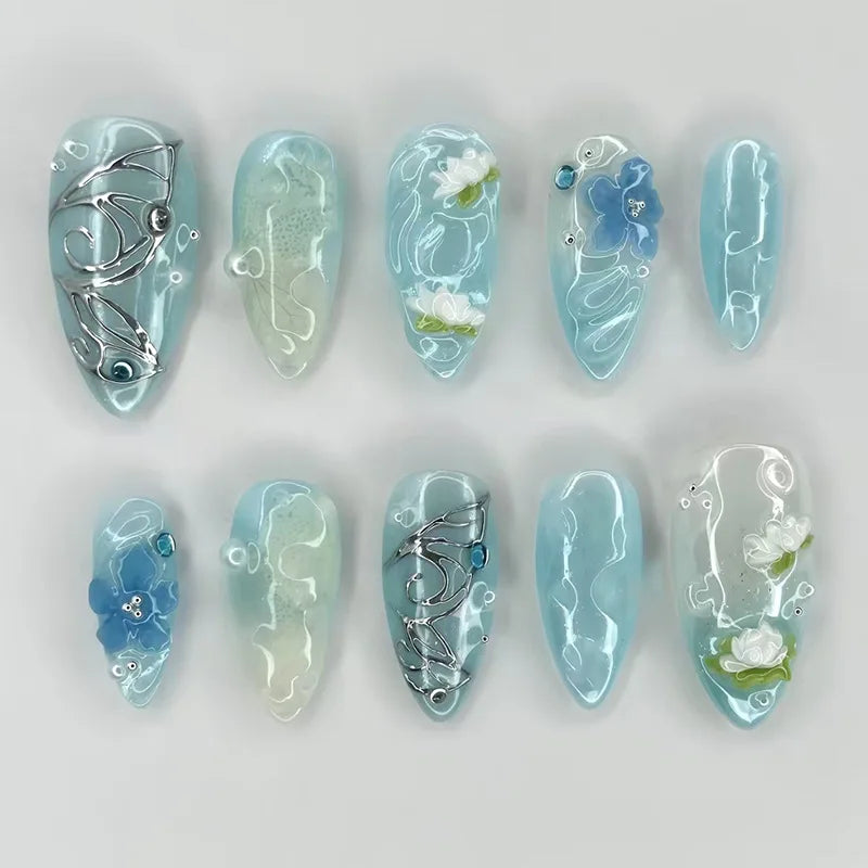 Black Y2K Long False Nails - 24Pcs Almond Cat's Eye Design