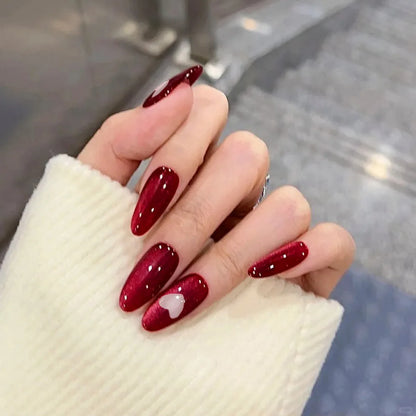 Press On Nails: Glossy Red Cat's Eye Press On Nails - 24pcs Almond Shape