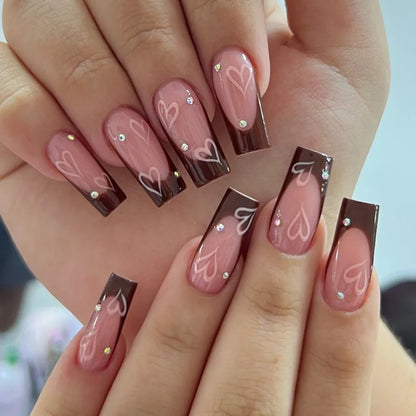 Red Love Heart French Nail Art - Cute Nude Pink Fake Nails