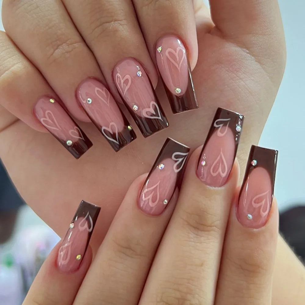 Red Love Heart French Nail Art - Cute Nude Pink Fake Nails