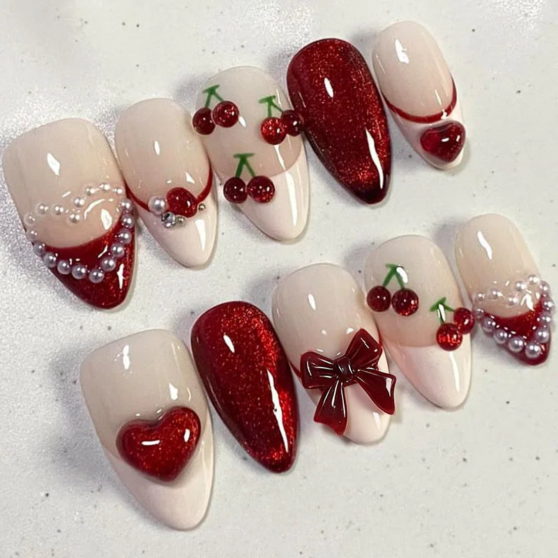 Black Y2K Long False Nails - 24Pcs Almond Cat's Eye Design