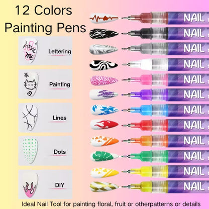 12 Color Nail Art Pens - Quick-Dry, Waterproof, 0.5MM Tips