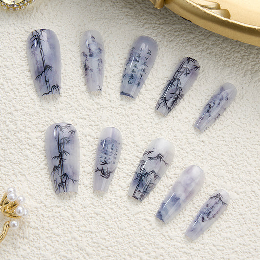 Chinese Poetry Design False Nails - 10Pcs Bamboo Acrylic Set