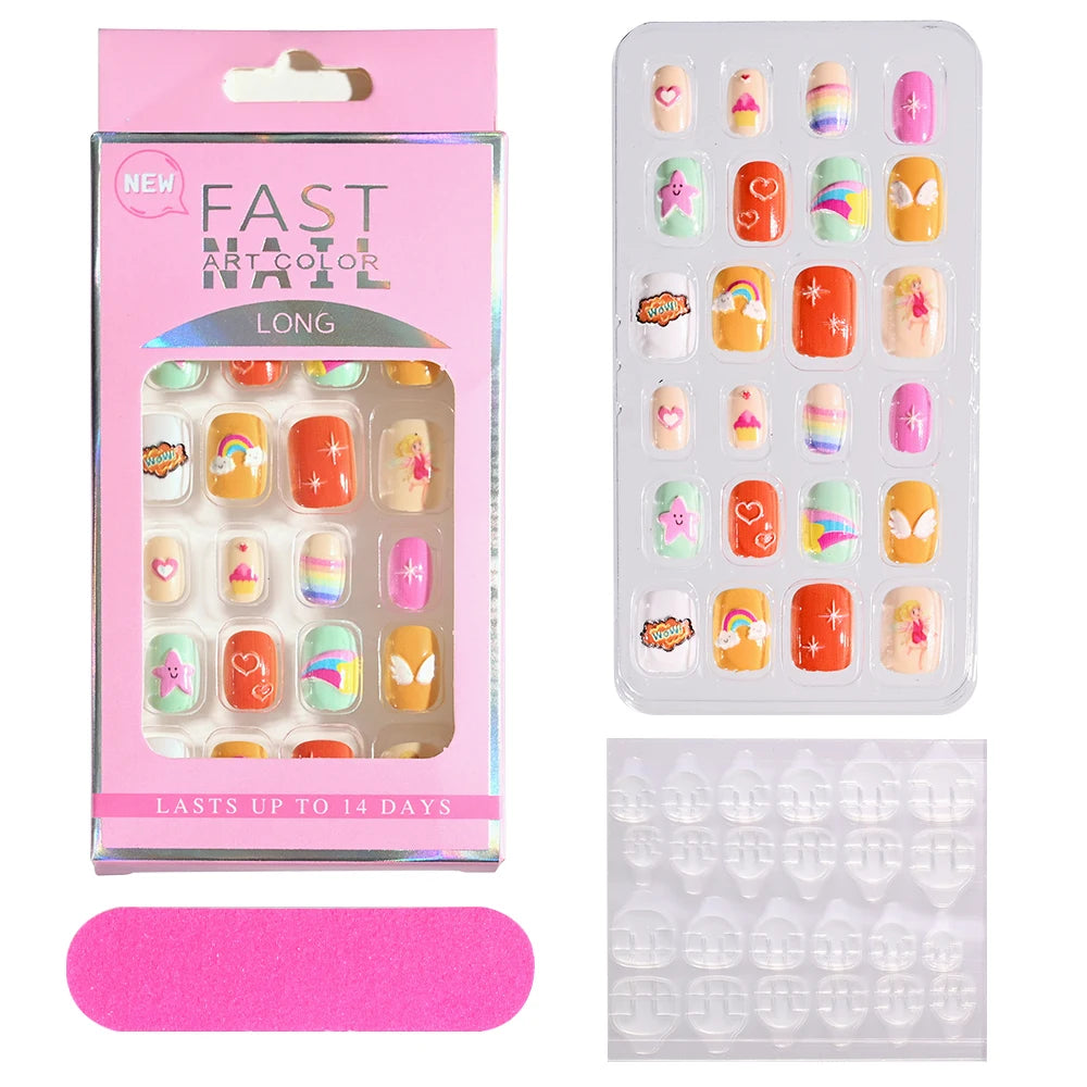 Fake Nails: Cartoon Kids Acrylic Nails - Cute Cat/Pig/Rainbow Set
