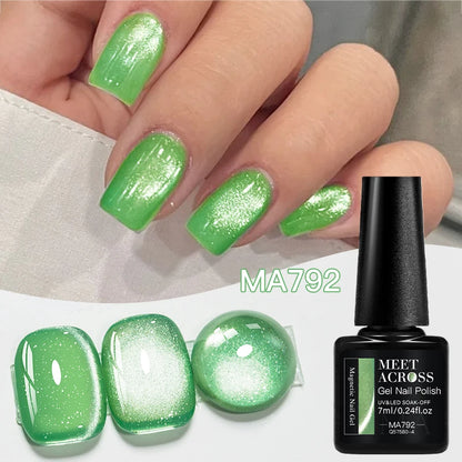 MEET ACROSS Guava & Grape Color Cat Magnetic Gel Green Glass Bead Cat Eye Gel Soak Off UV Gel Nail Art Varnish Salon Home DIY