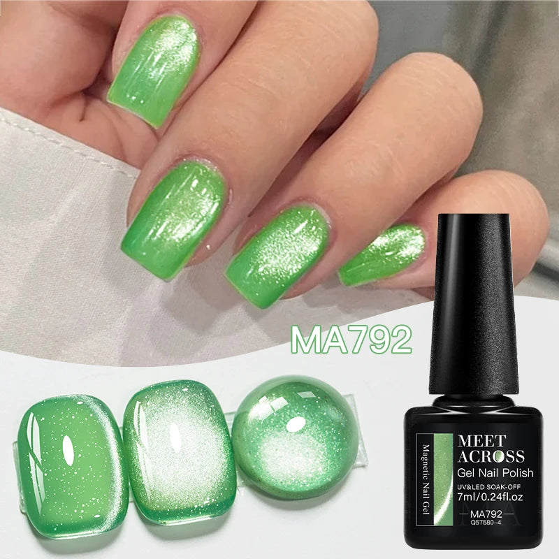 MEET ACROSS Guava & Grape Color Cat Magnetic Gel Green Glass Bead Cat Eye Gel Soak Off UV Gel Nail Art Varnish Salon Home DIY