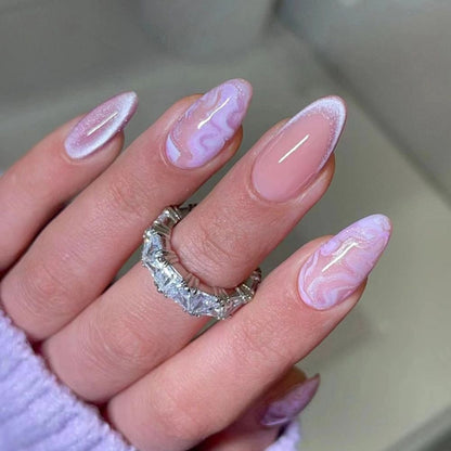 Long Almond False Nails - Cat's Eye Cherry French Tips