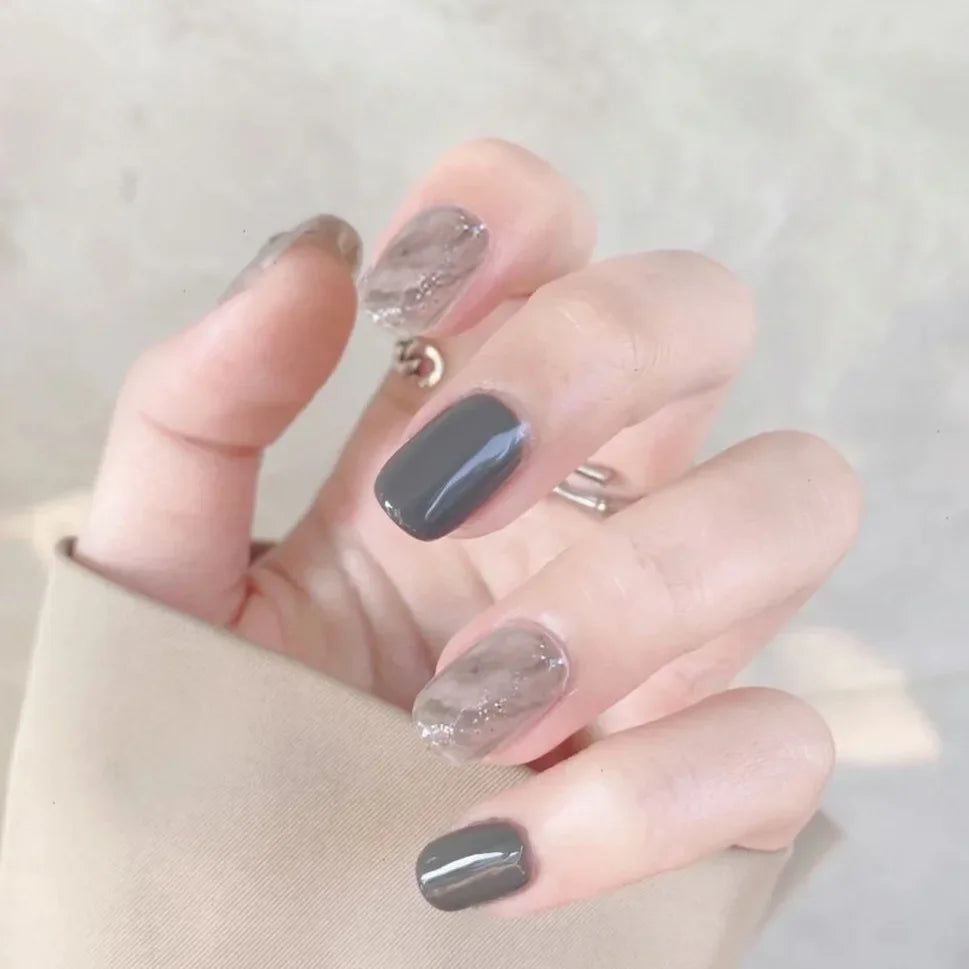 24pcs French Lemon Full Cover Artificial Fake Nails Art Seamless Removable Coffin False Nails With Glue Girls Press On Nail Tips