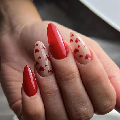 Red Love Heart French Nail Art - Cute Nude Pink Fake Nails