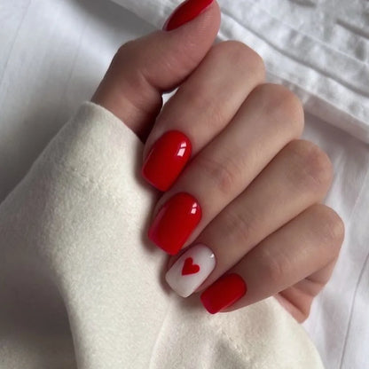 Red Love Heart French Nail Art - Cute Nude Pink Fake Nails