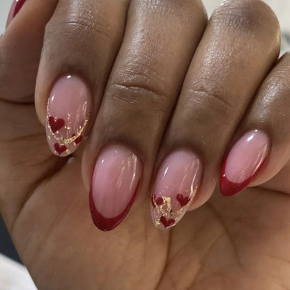 Red Love Heart French Nail Art - Cute Nude Pink Fake Nails