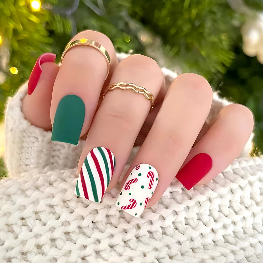 24pcs Red White French Line Christmas Sweet False Nails With Snowflake Rhinestone Starburst Design Pink Almond Press On Nails