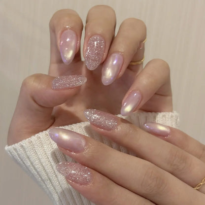 Press On Nails: Glossy Red Cat's Eye Press On Nails - 24pcs Almond Shape