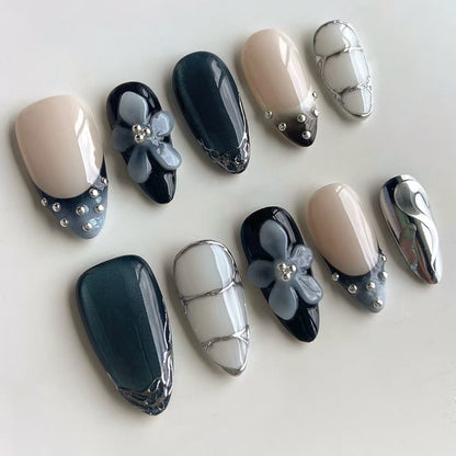 Black Y2K Long False Nails - 24Pcs Almond Cat's Eye Design
