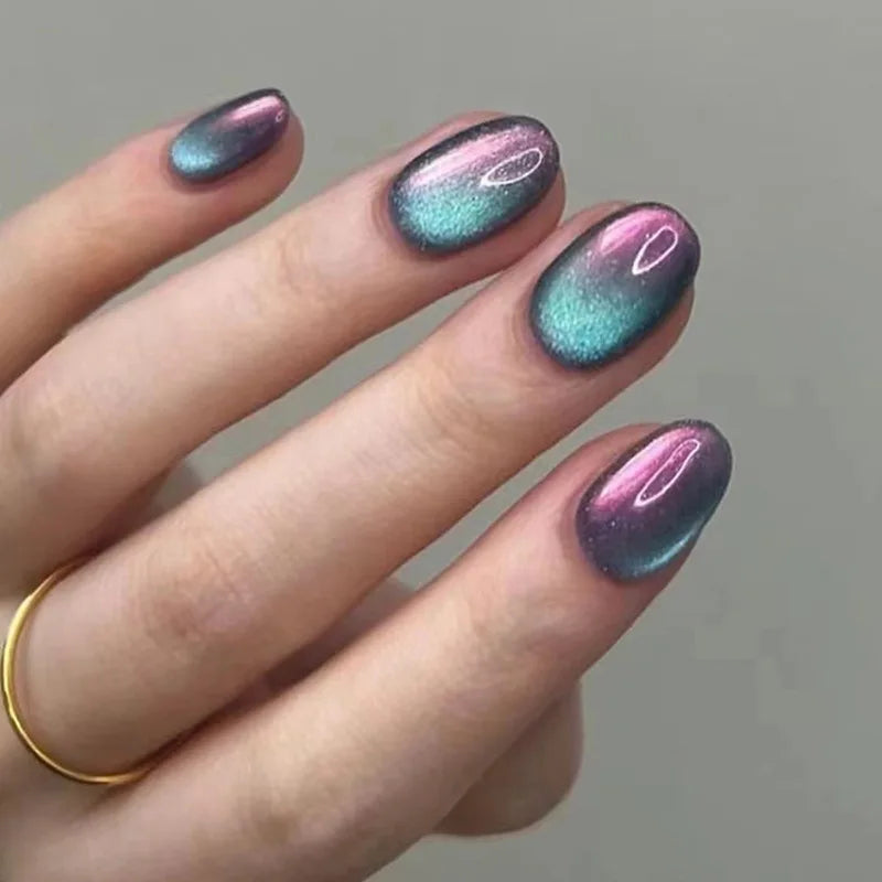 Press On Nails: Glossy Red Cat's Eye Press On Nails - 24pcs Almond Shape