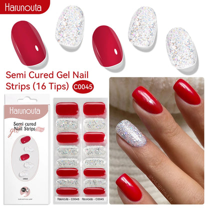 Gel Nail Polish Strips Red Series - 16 Semi-Cured Glitter Wraps