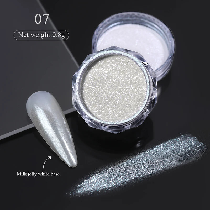 Dip Powder Nails: Bright White Pearl Nail Powder - Mirror Aurora Effect