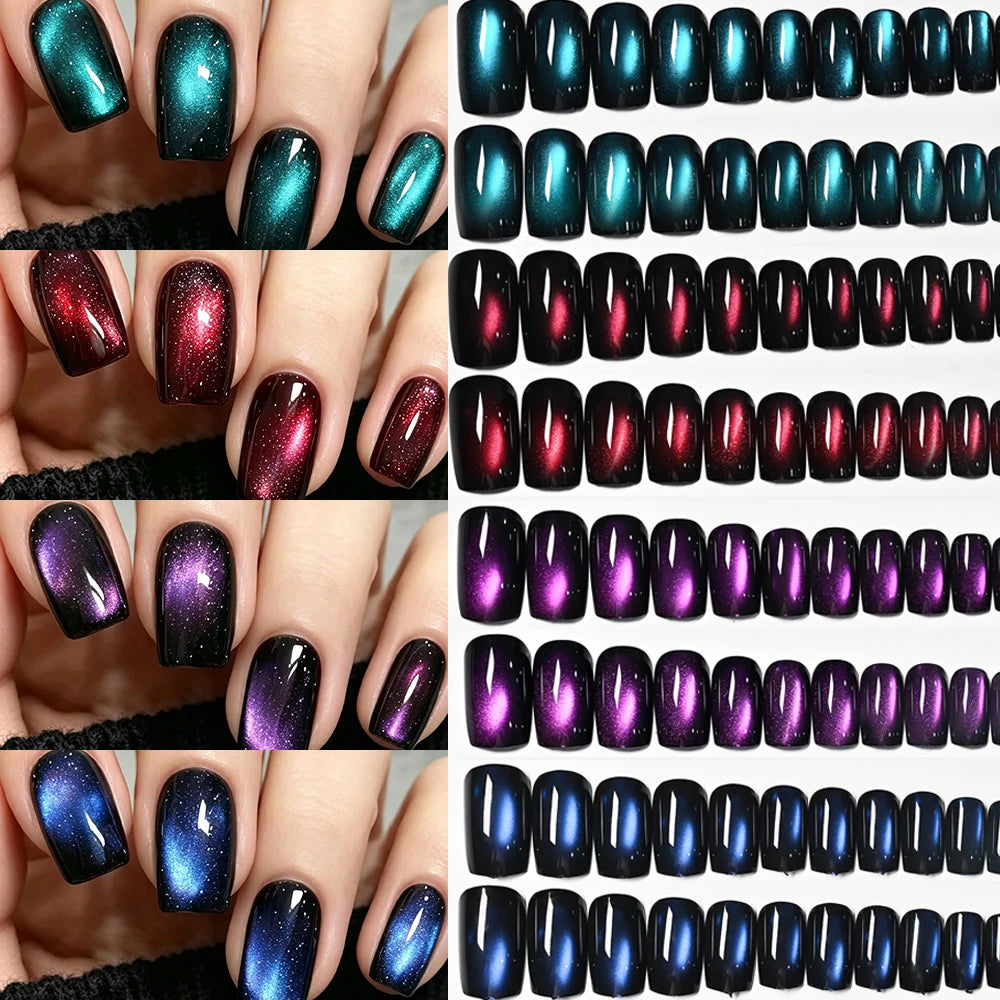 96pcs Short Square Glossy Cat Eye Press-On Nails Blue,Purple, Red,Green 4colors Cat Eye Fake Nails Set Full Cover Y2k False Nail